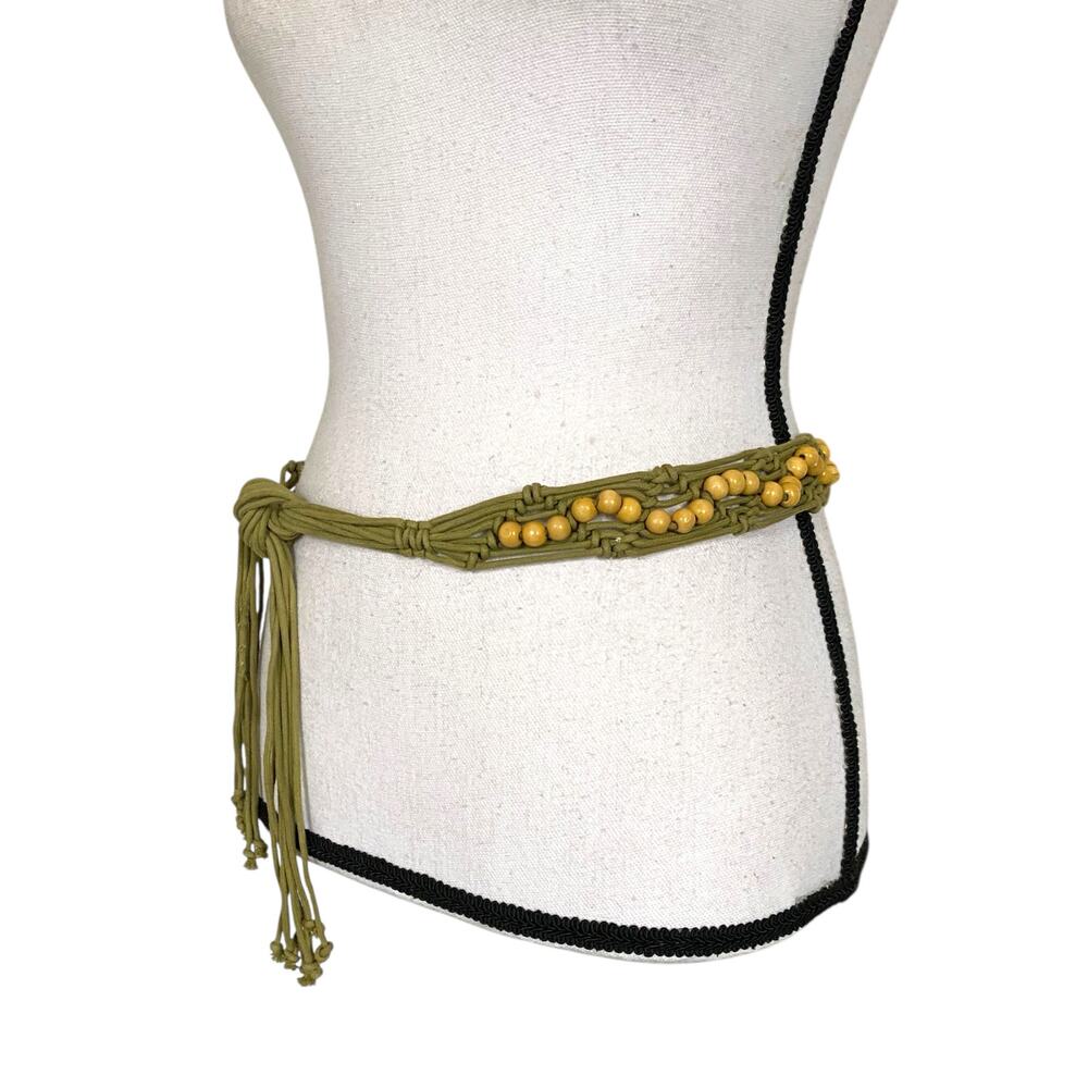 Vintage Tasseled Woven Macrame Beaded Tie Belt XS/S Olive Green Pirate Boho